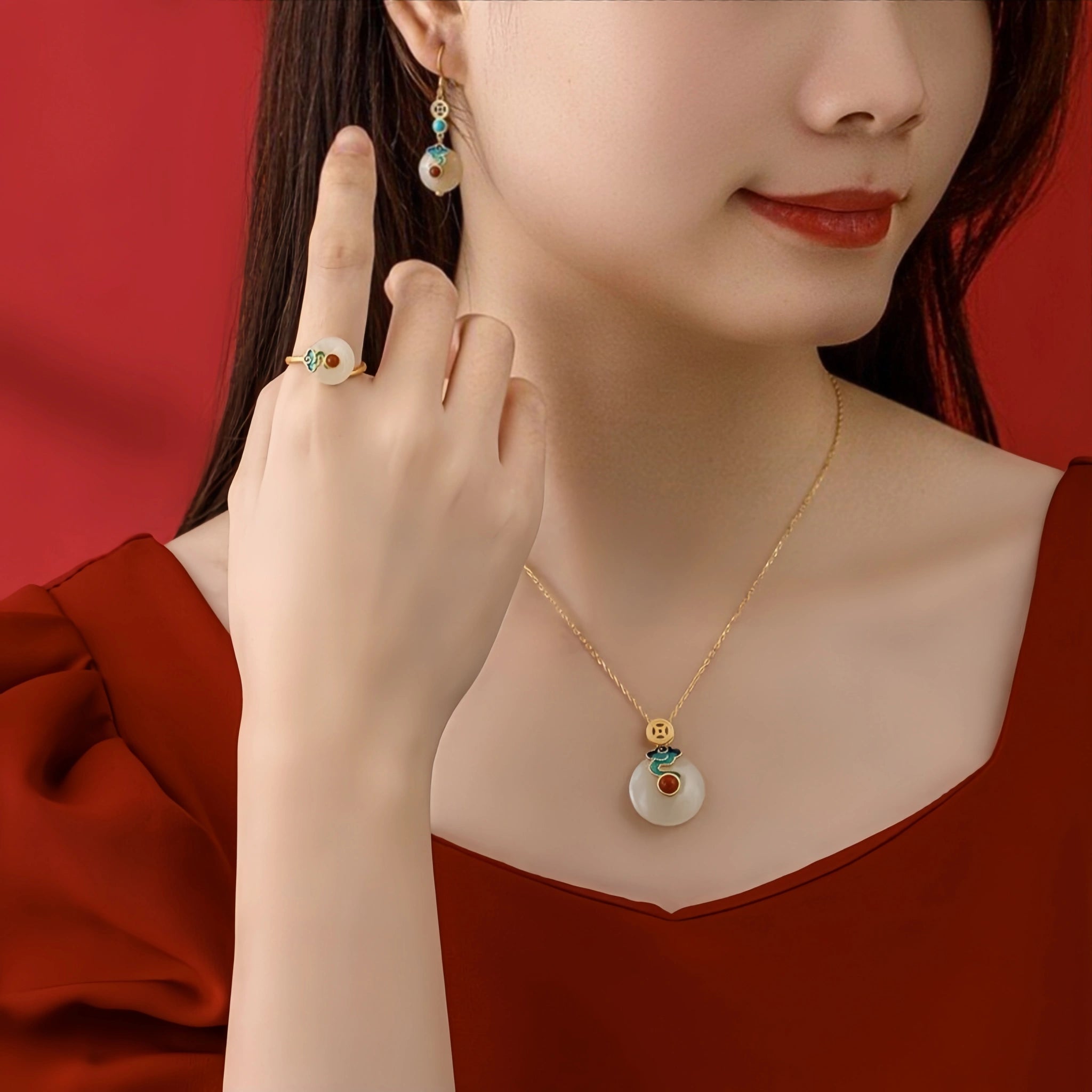Natural Hetian Jade Necklace/Bracelet/Earrings/Ring Set - Stands for Peace