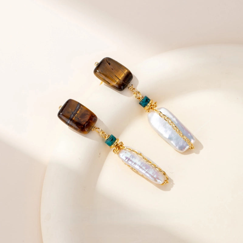 Boucles d'oreilles perles baroques et œil de tigre naturel — Style unique, luxe léger et qualité supérieure