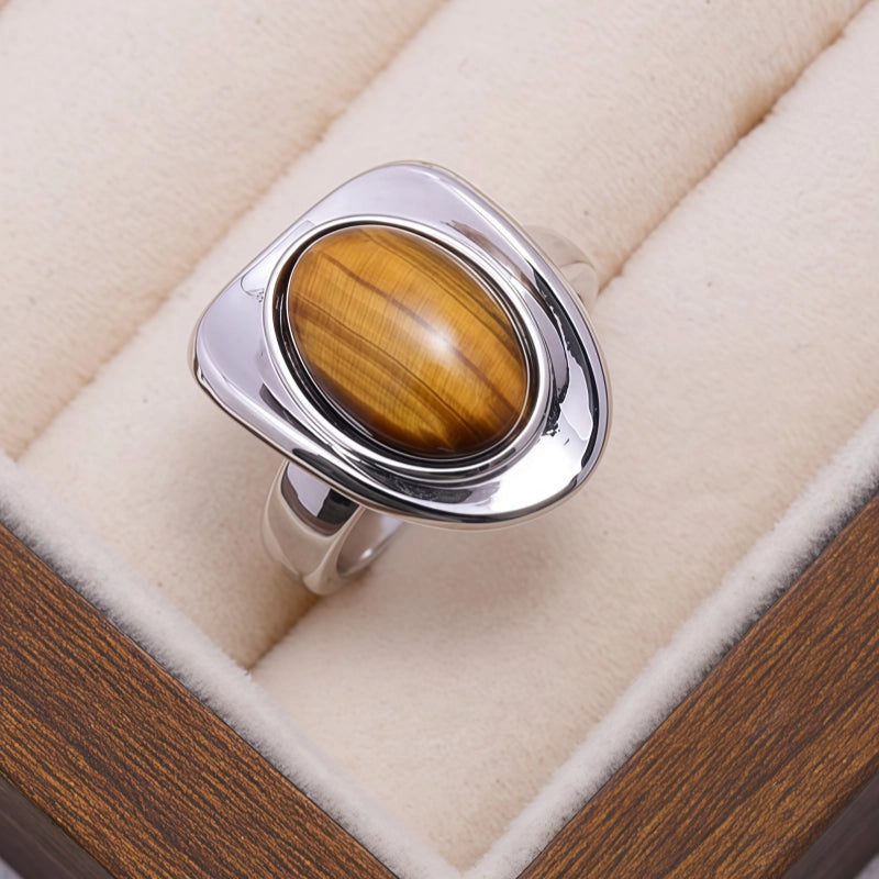 Natural Tiger Eye Stone Ring With Ribbed Star Core Light Luxury Women's Ring