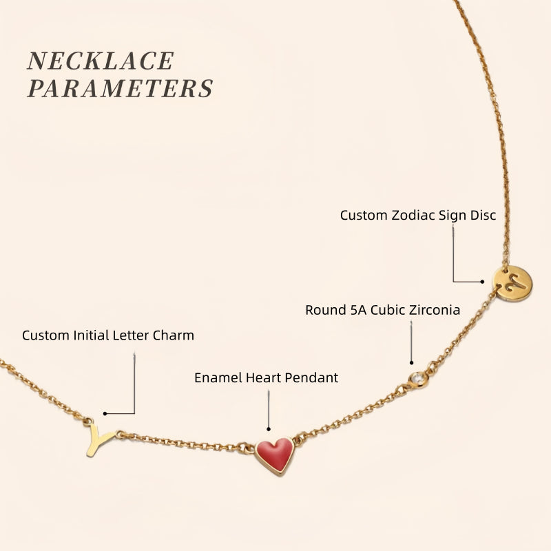 Customizable Letter/Zodiac/Zircon/Enamel Heart Pendant Necklace