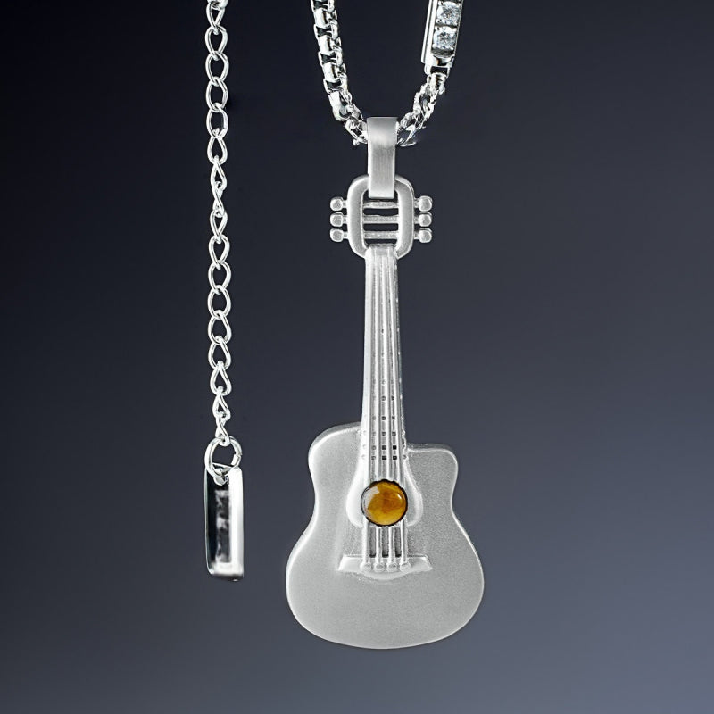 Natural Tiger Eye Stone Necklace — Personalized Guitar Pendant for Boyfriend