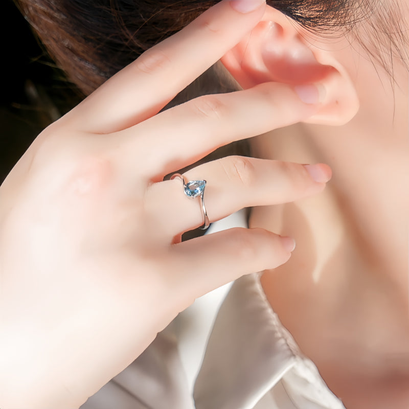 Bague Aigue-Marine Argent S925 Anneau Goutte de Chance