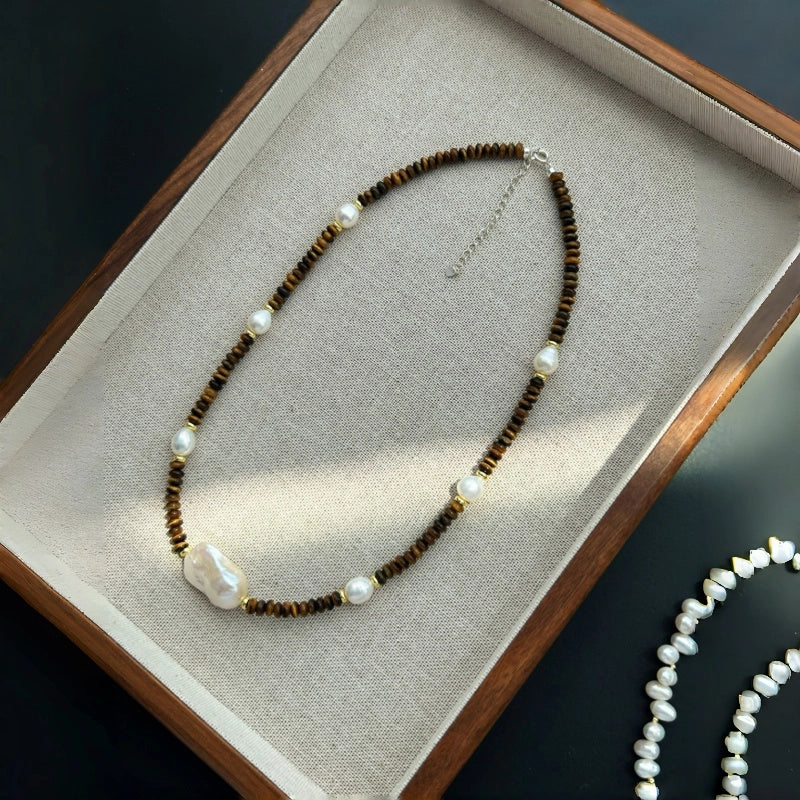 Collier Perles Baroques Irrégulières et Œil de Tigre Naturel — Bon Cadeau pour Maman