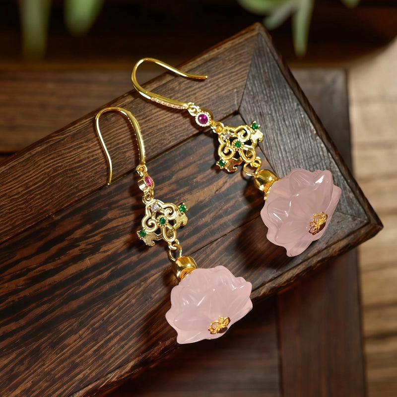 Boucles d'oreilles en cristal rose naturel, gouttes de lotus