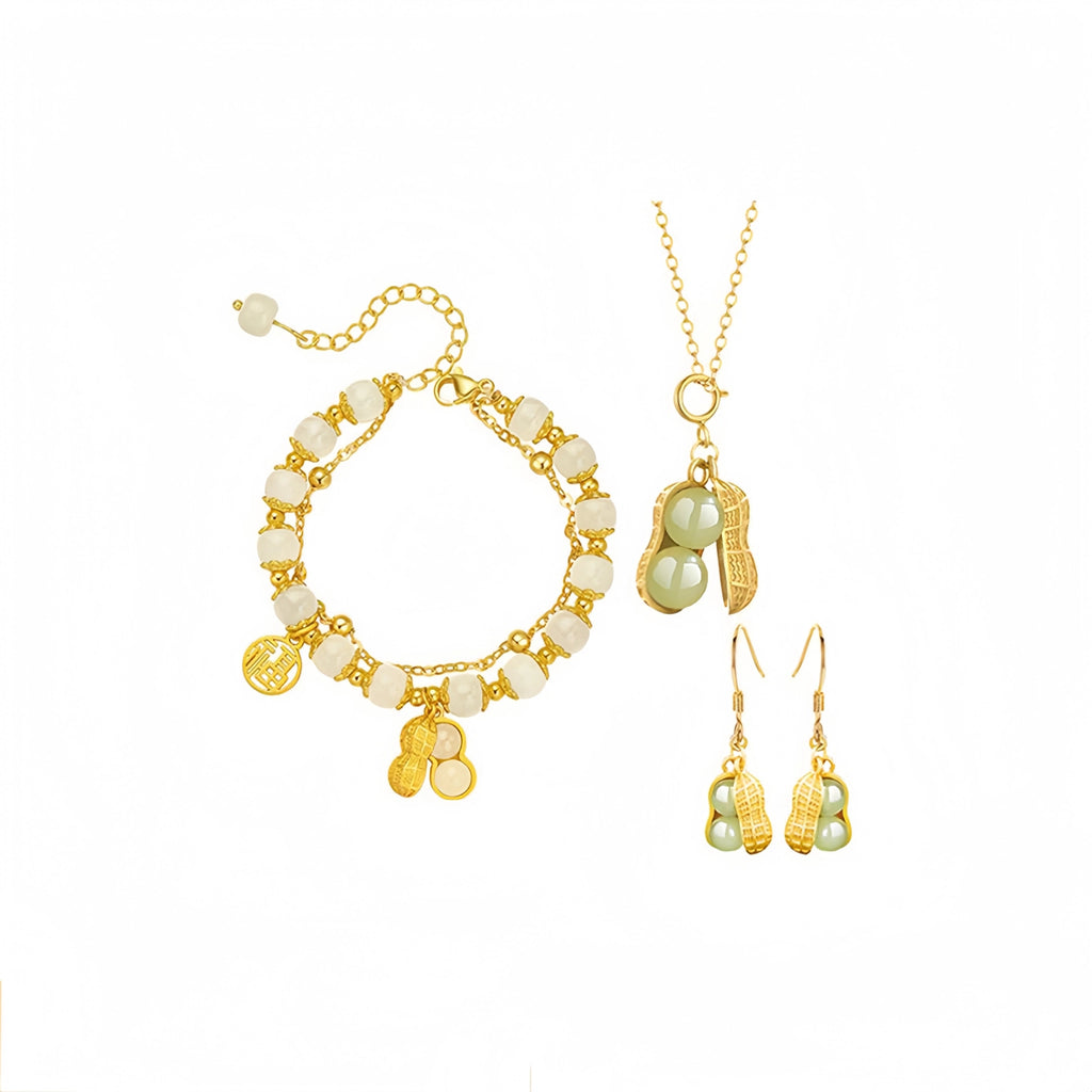 Natural Hetian Jade Peanut Bracelet Necklace Earrings Set