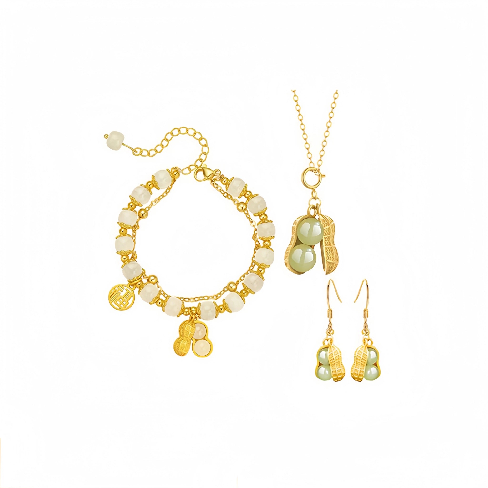 Natural Hetian Jade Peanut Bracelet Necklace Earrings Set