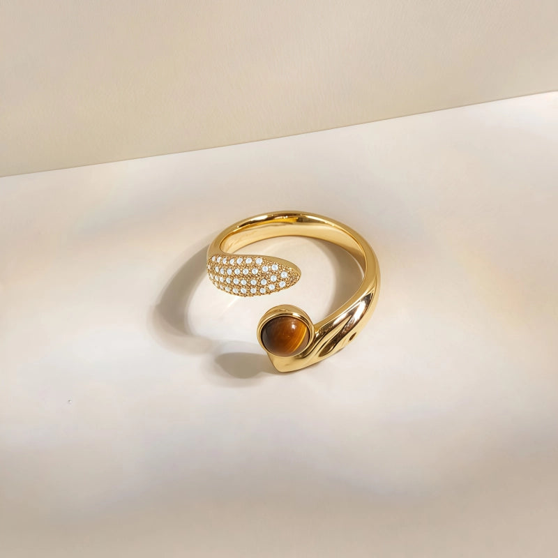 Bague Œil de Tigre Naturel, Zircon de Luxe Léger, Design Niche, Bague Ouverte pour Index