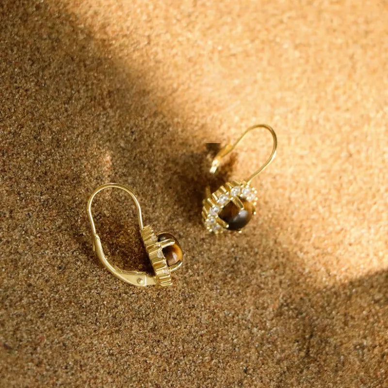 Boucles d'oreilles Œil de tigre naturel — Fermoir d'oreille Fleur Vintage