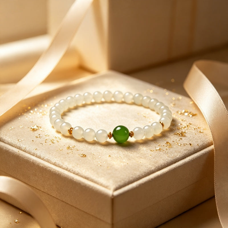 Natural Hetian White Jade Bracelet — Pure Energy White & Green Jade