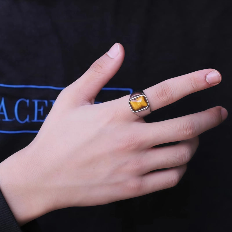 Natural Tiger Eye Stone Ring, Retro Men's Gemstone Ring
