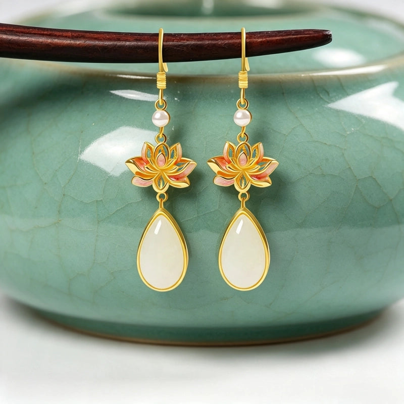 Natural Hetian Jade Lotus Earrings - Calm & Inner Peace