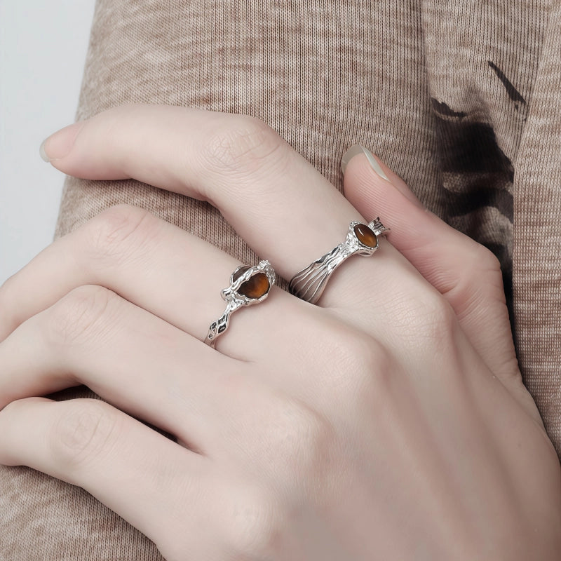 Natural Tiger Eye Stone Ring, Small Universe Saturn Open Ring