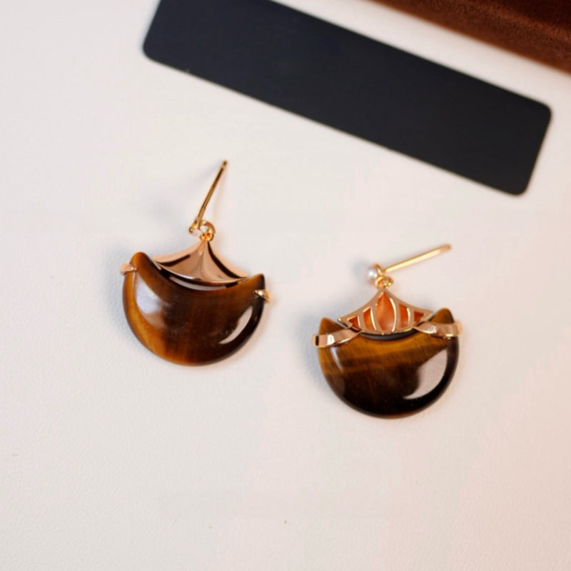 Boucles d'oreilles Fortis Natural Œil de Tigre — Lune en croissant rétro française
