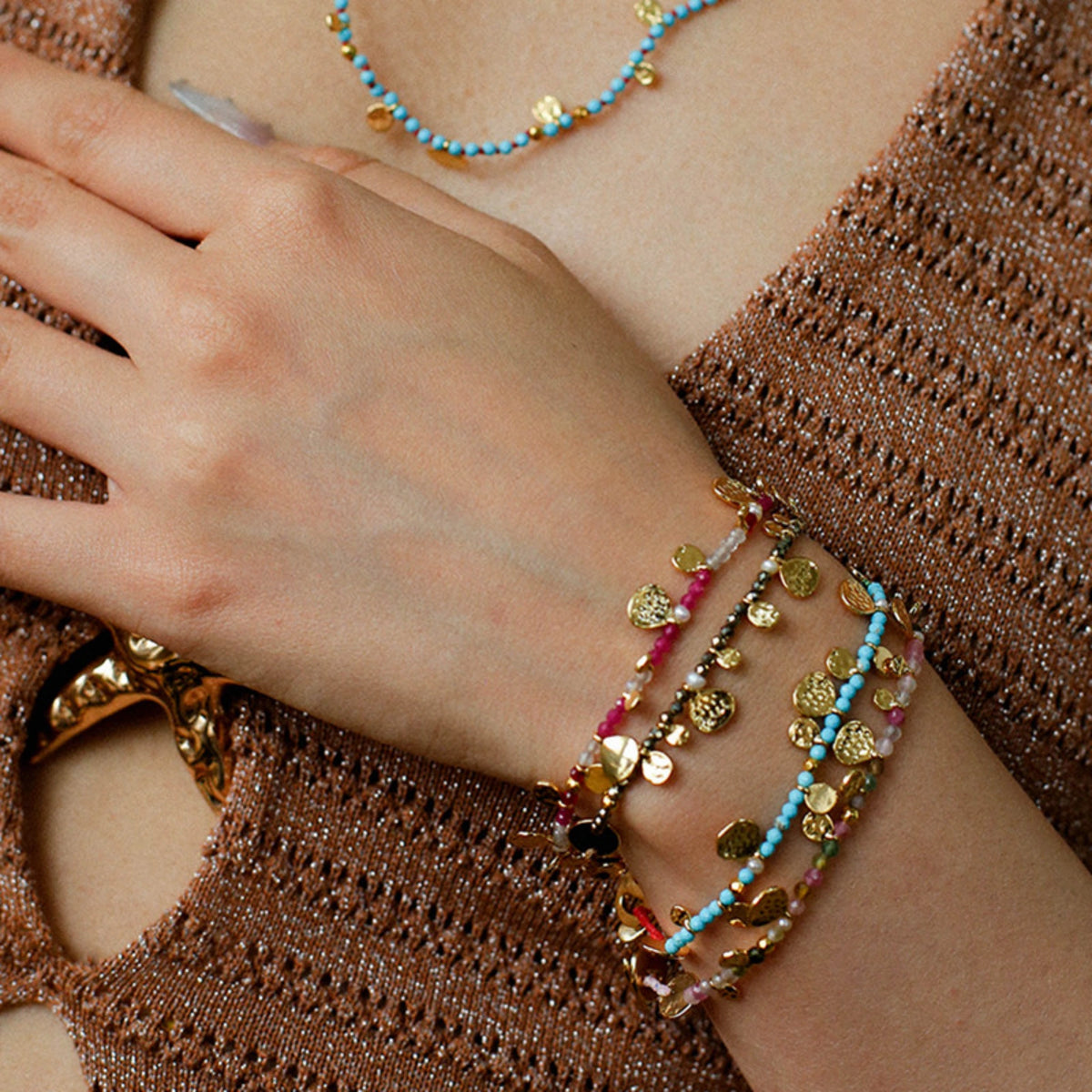 Hand‑Hammered Gold Coin Natural Stone Beaded Stack Bracelet - Healing, Inner Power