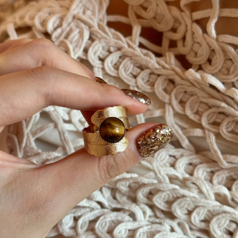 Natural Tiger Eye Stone Ring, Retro French Feather Antique Style Ring