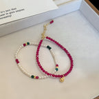 Natural Red Tourmaline & Pearl Stackable Bracelet - Unleash Passion & Soft Elegance