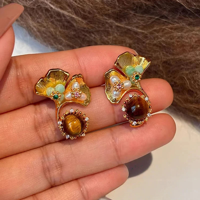 Boucles d'oreilles Œil de Tigre naturel, Lumina Tigeris Maillard Fleur Dorée, Cadeau Femme