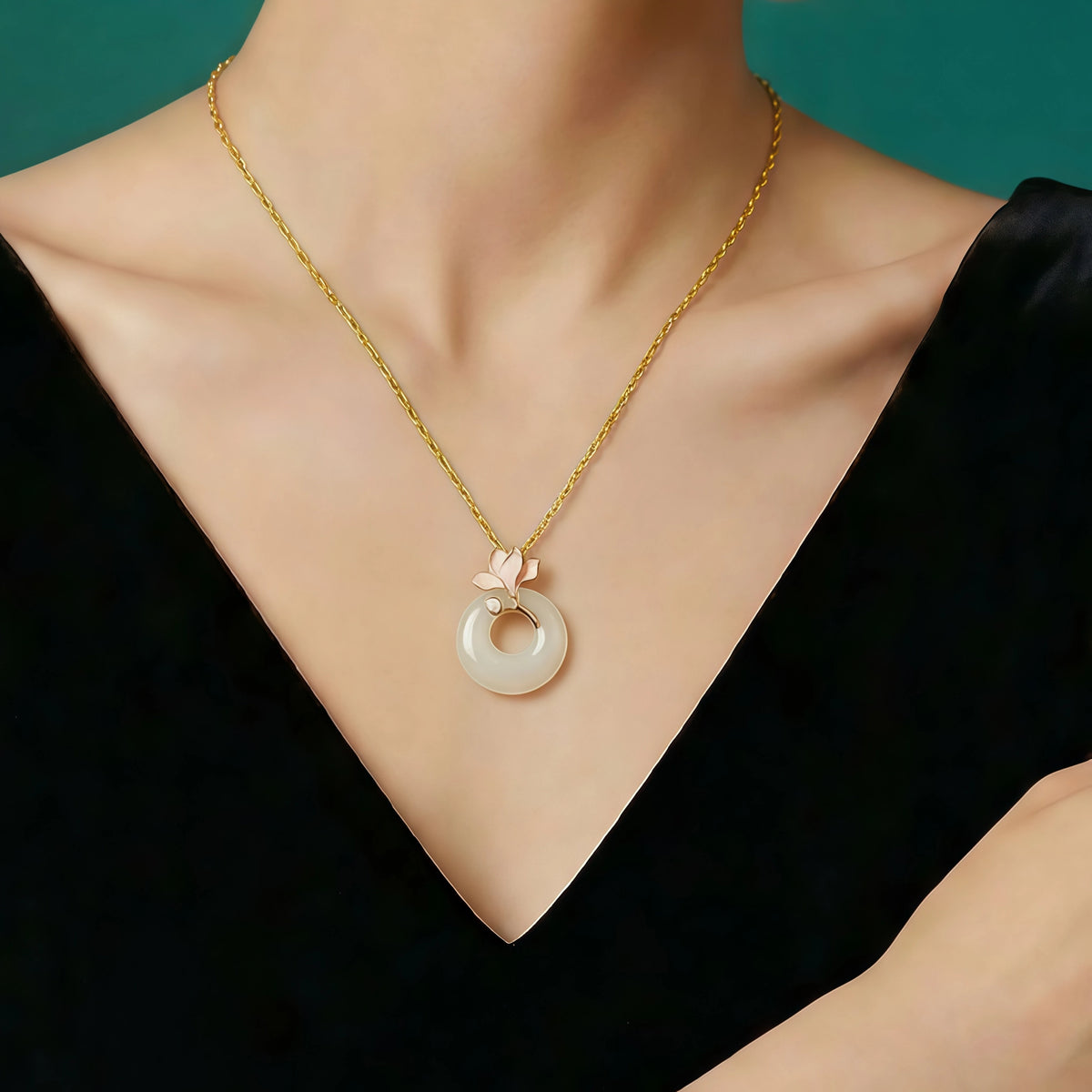 Elegant Magnolia Hetian Jade Peace Donut Necklace - Peace & Bliss