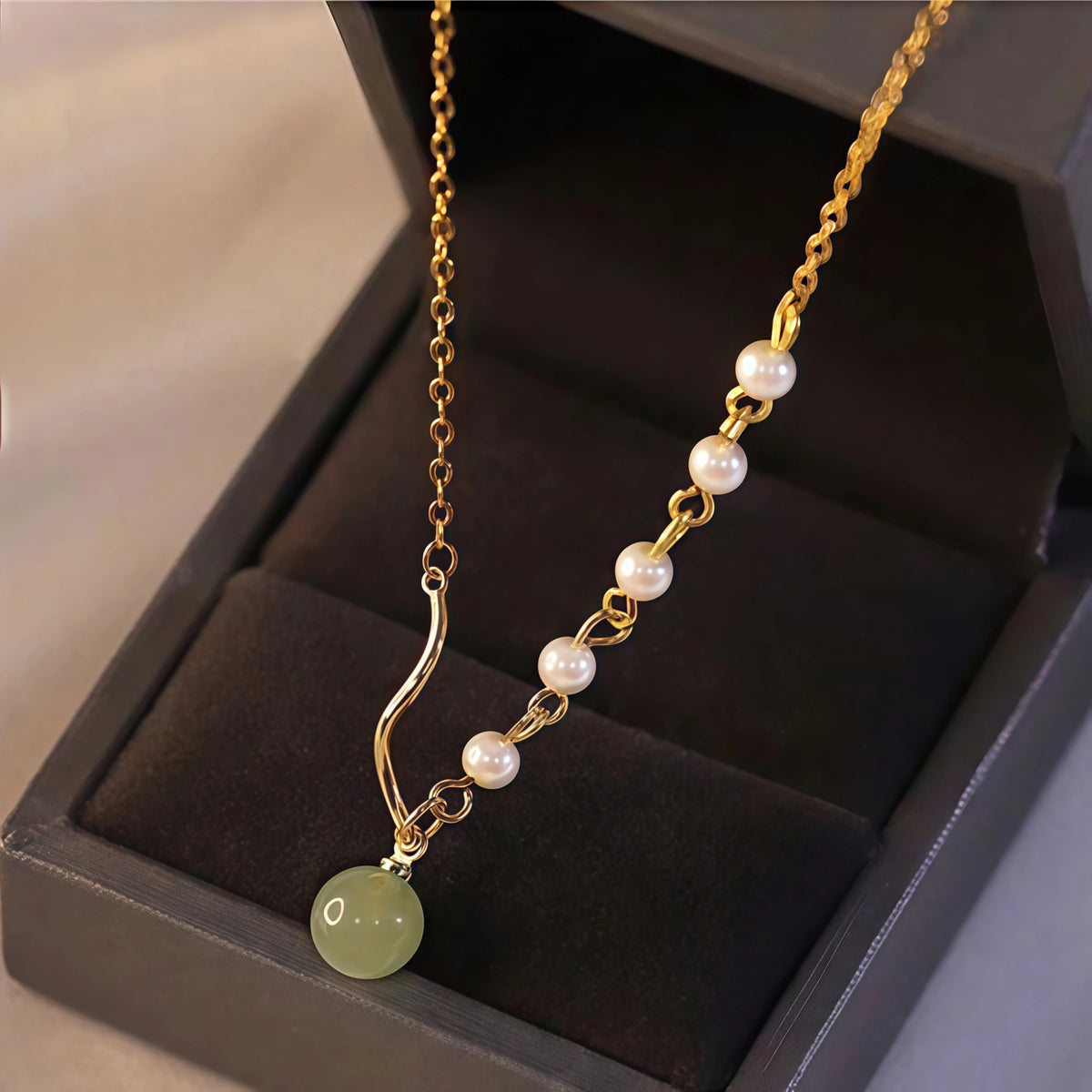 Asymmetrical Chain Hetian Jade and Pearl Necklace - Perfection & Serenity