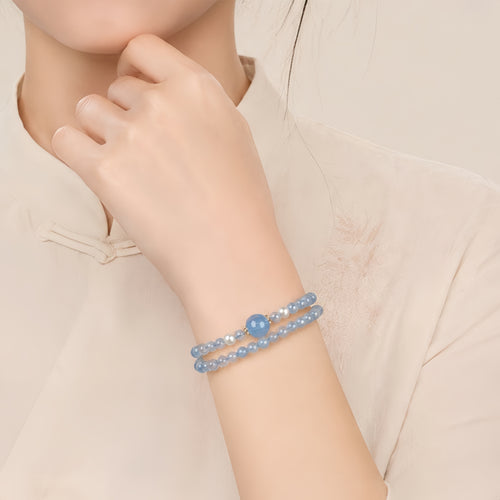 Aquamarine Pearl Double Loop Bracelet - Continuous Good Luck