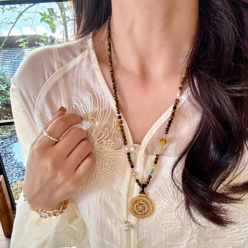 Natural Tiger Eye Stone Necklace, Compass Pendant Sweater Necklace, Gift for Mom