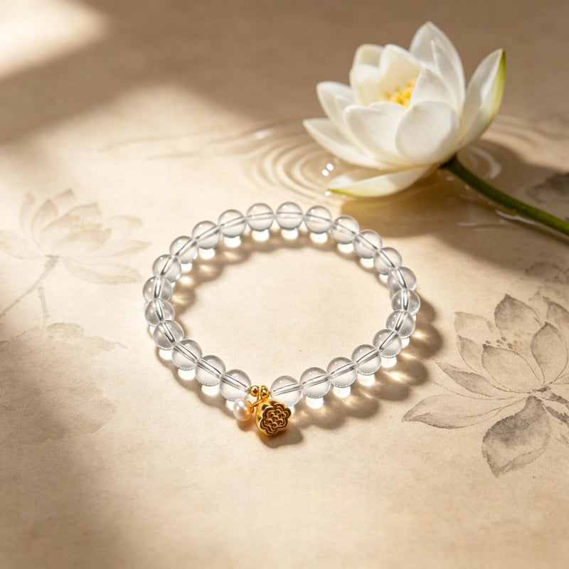 Bracelet Lotus en Cristal Clair – Protection Spirituelle et Mala Attire-Argent