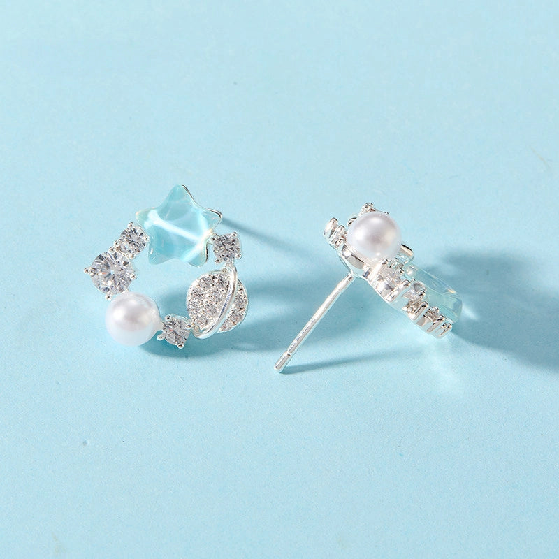 Aquamarine & Pearl Moon Star Earrings - Wish All Your Wishes Come True