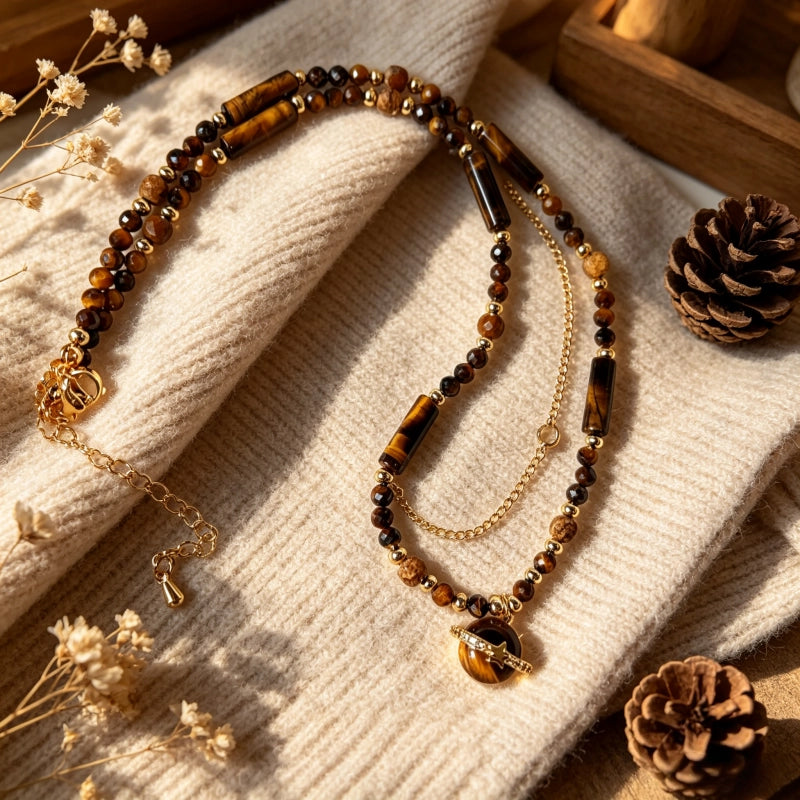 Collier en pierre naturelle œil de tigre, chaîne de luxe planètes cosmiques