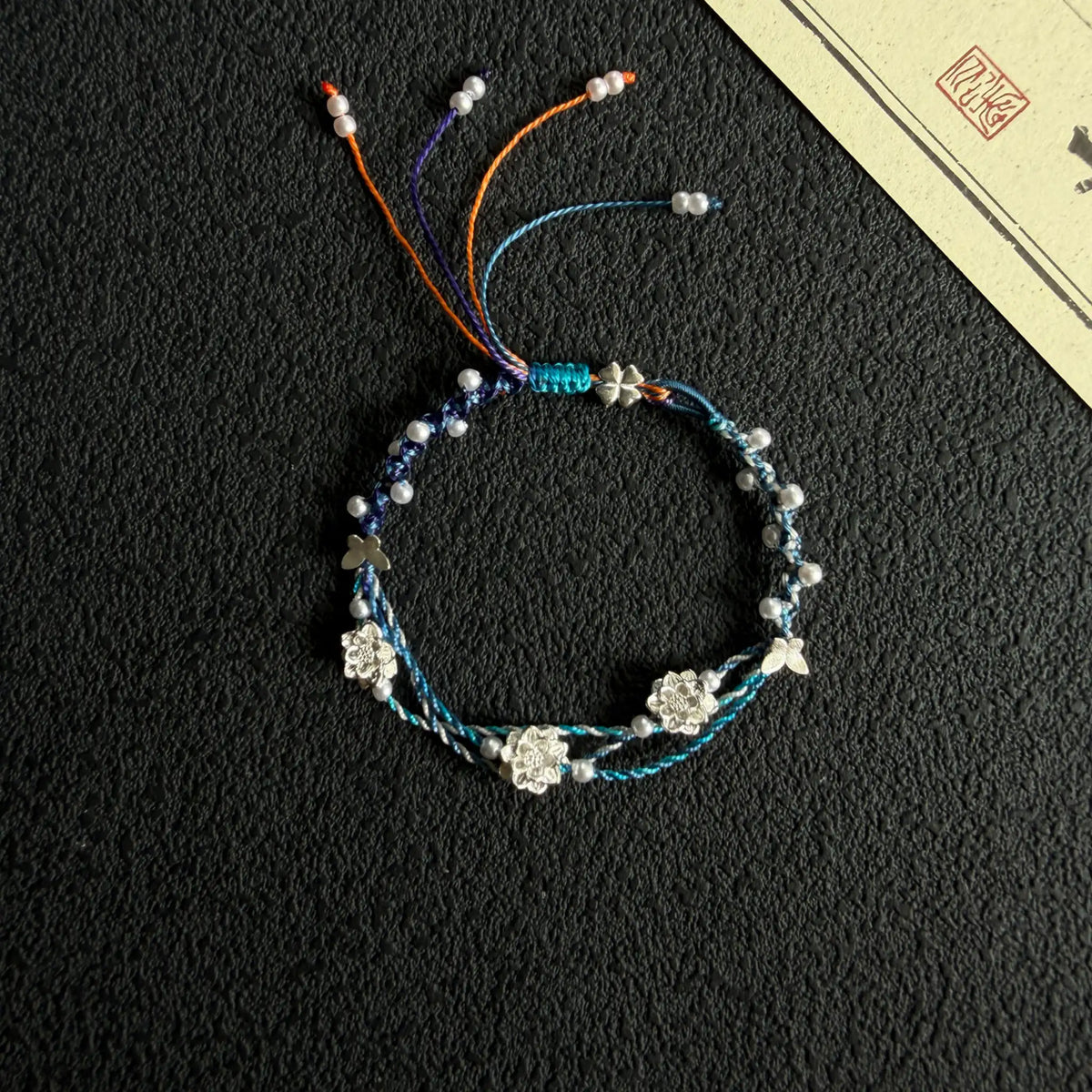 S999 Fine Silver Lotus Hand Braided Blue & Green Bracelet - Peace & Purification Energy