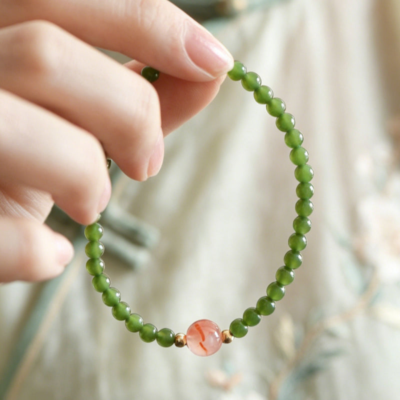 Hetian Green Jade & Ice Floating Southern Red Agate Bracelet – Soothes Emotions