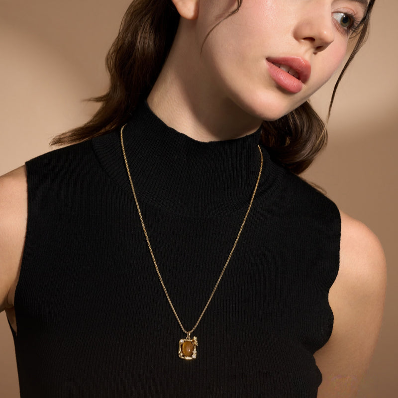 Natural Tiger Eye Stone Necklace — Butterfly Clavicle Double Chain Sweater Necklace