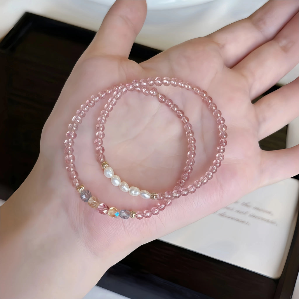 Strawberry Quartz & Pearl Stackable Bracelet - Sweet Loving Vibes