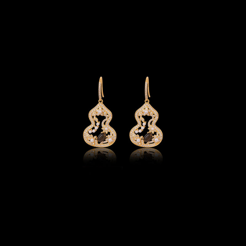 Hollow Gourd Tiger Eye Drop Earrings, Blessing Wealth Crystal Ear Jewelry