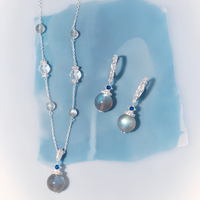 Gray Moonstone & Clear Quartz Necklace & Earrings Set – Soothe Emotions, Cleanse Aura