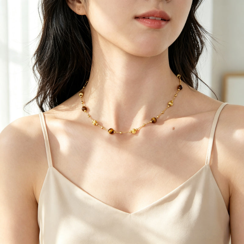 Natural Tiger Eye Stone Necklace, Maillard Starry Sky Choker Necklace