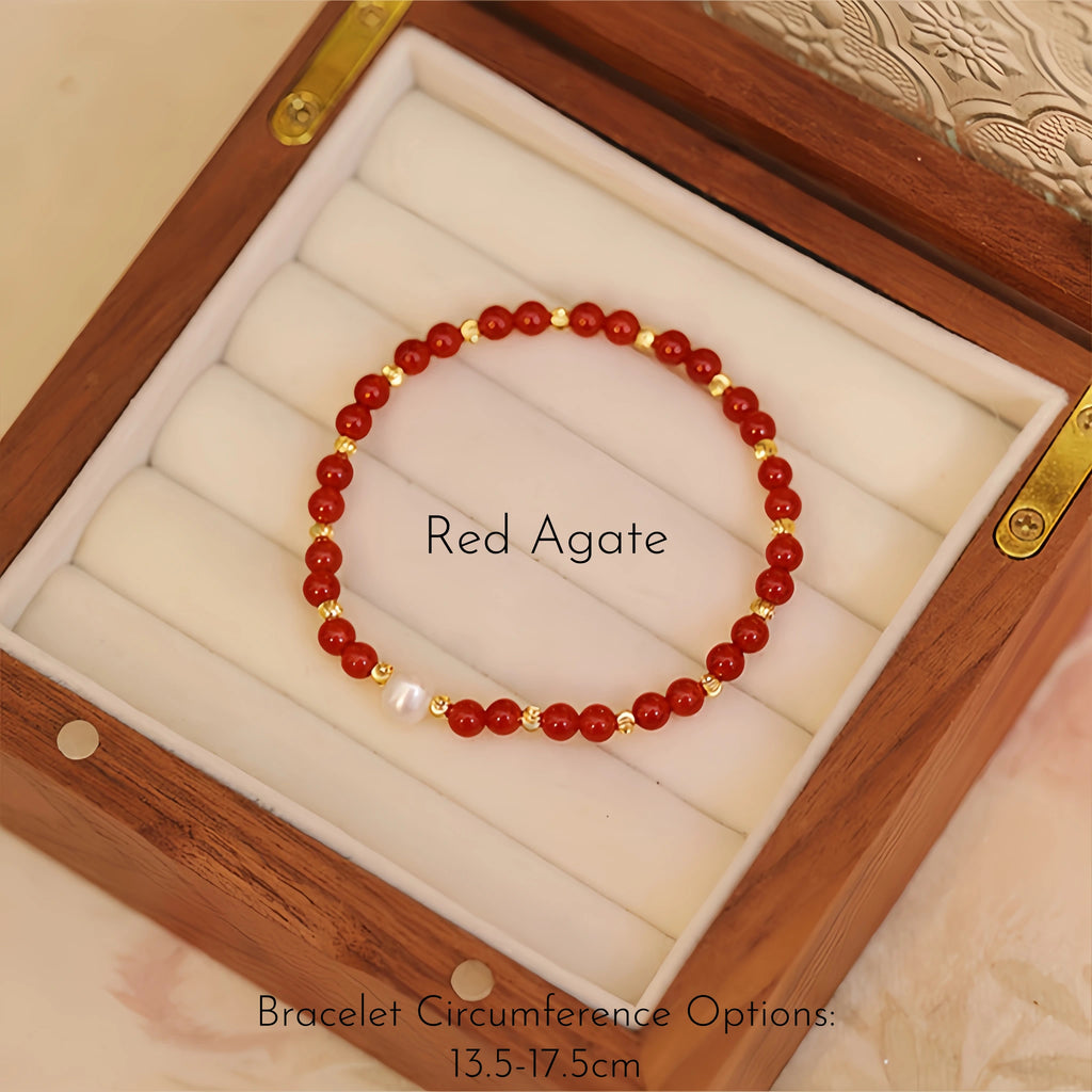 Red Agate & Pearl Stackable Bracelet with Bamboo Charm - Growth & Calm