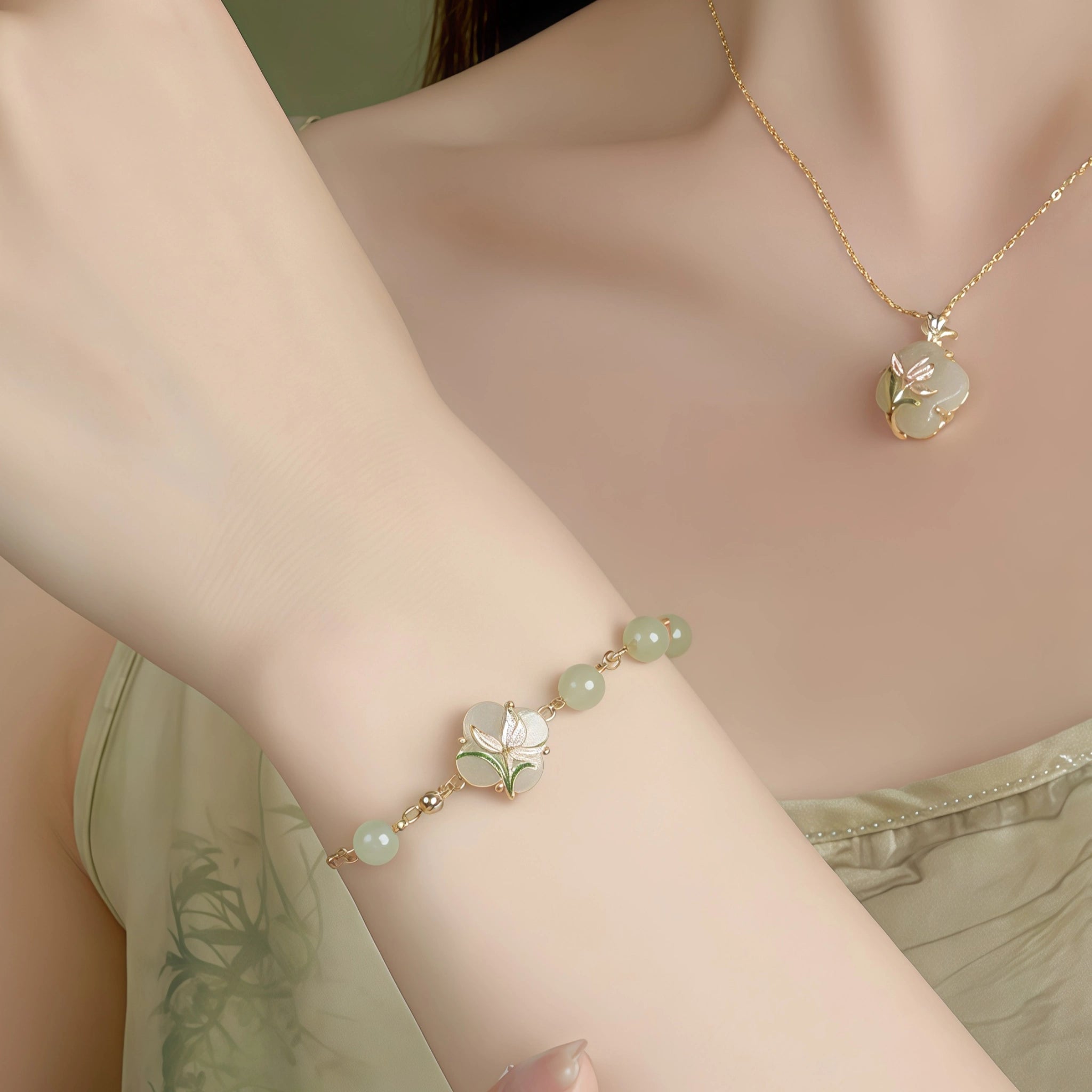 Oriental Clover‑Shaped Lotus Hetian Jade Matching Jewelry Set - Purify Mind