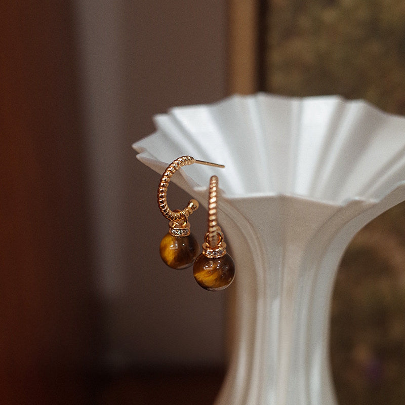 C-Shape Tiger Eye Two-Wear Earrings, Niche Vintage Maillard Crystal Jewelry for Wealth
