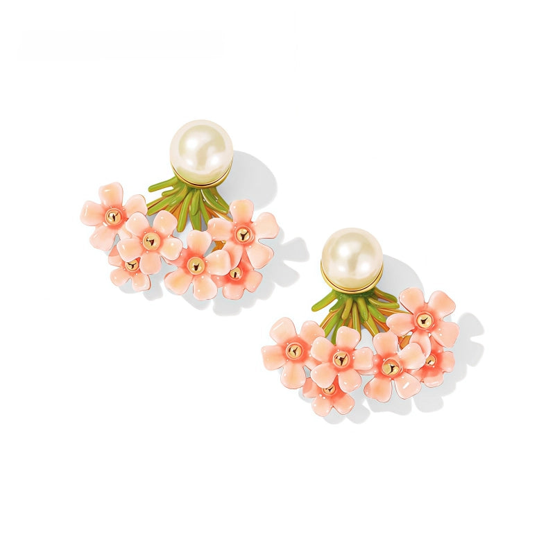Boucles d'oreilles pendantes émaillées fleur d'éventail et perles, magnifiques boucles d'oreilles de luxe légères en fleur de cerisier