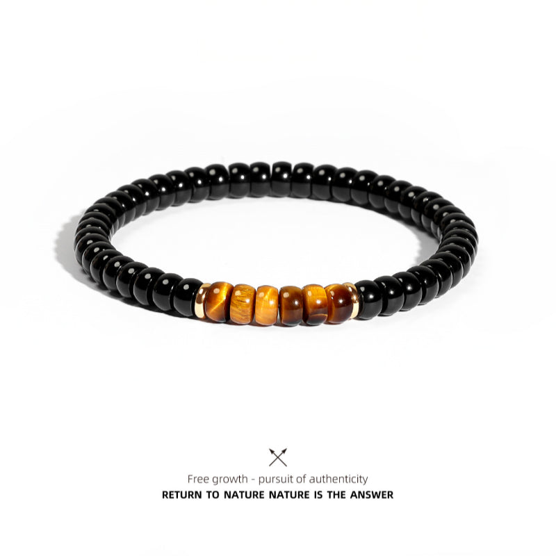 Natural Flat Disc Black Onyx & Tiger Eye Bracelet for Men - Attract Wealth & Stabilize Career, Valentine Gift for Boyfriend