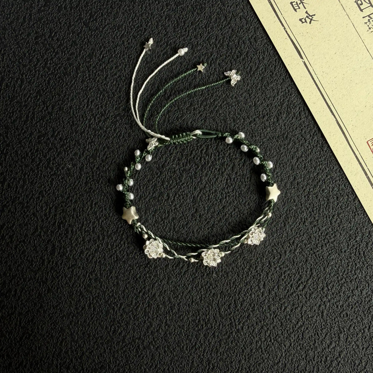 S999 Fine Silver Lotus Hand Braided Blue & Green Bracelet - Peace & Purification Energy