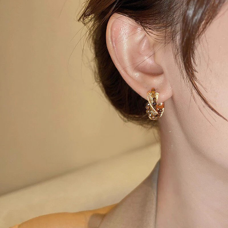 Boucles d'oreilles Veyra en Œil de tigre naturel — Modèle Corde Torsadée Meilleurs vœux pour une amie
