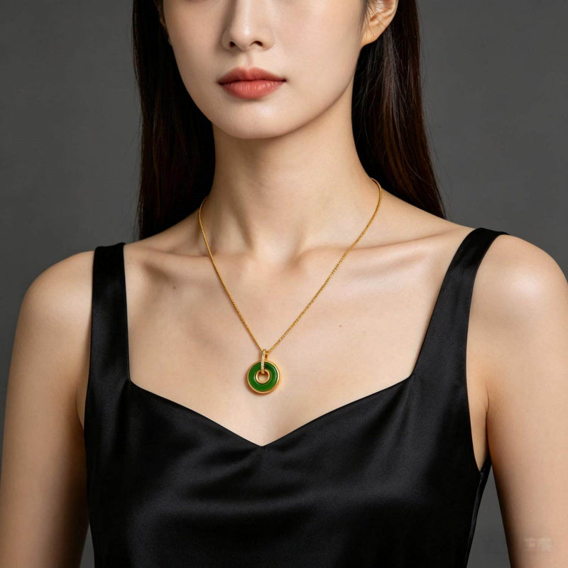 Ping An Lock Pendant Necklace, Minimalist Light Luxury Jade Sweater Chain for Women