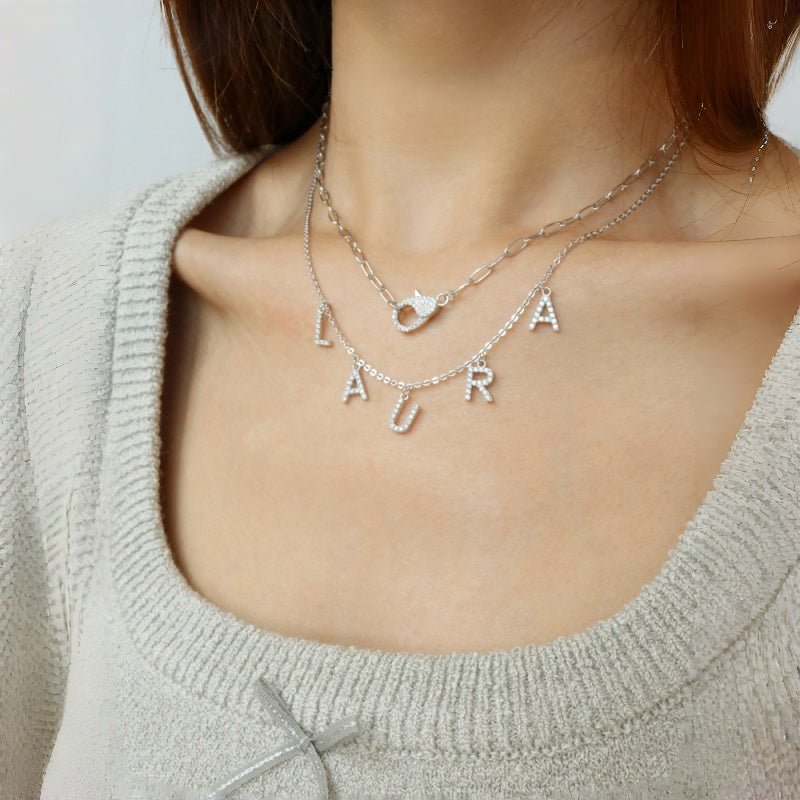 Custom Full Diamond Letter Pendant Necklace | 925 Sterling Silver Layered Name Necklace