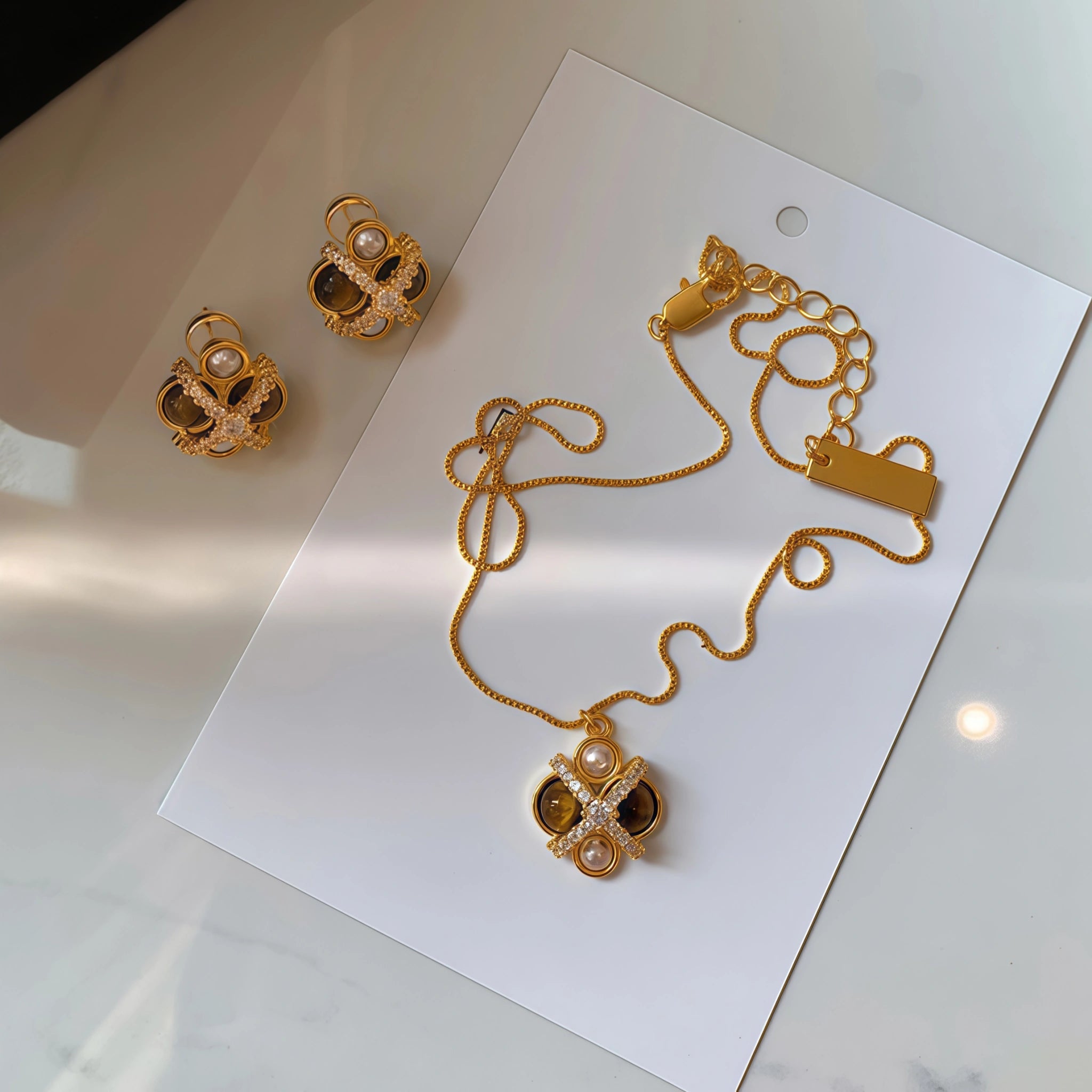 Vintage Star‑Cross Tiger's Eye Pearl Gold‑Plated Jewelry Set - Strength & Protection