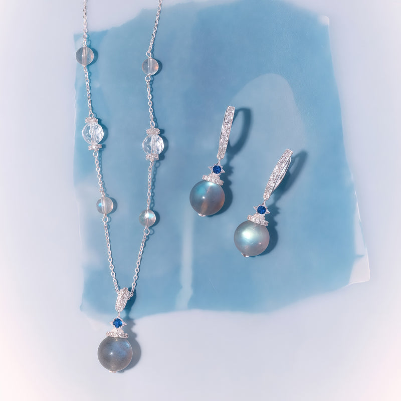 Ensemble Collier et Boucles d'Oreilles Pierre de Lune Grise & Quartz Transparent – Apaise les Émotions, Purifie l'Aura