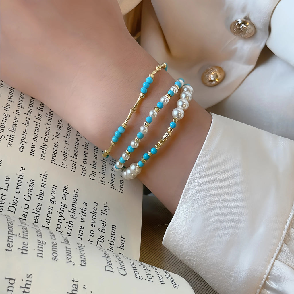 Natural Turquoise & Pearl Stackable Bracelet - Ease Stress & Vintage Elegant Vibe