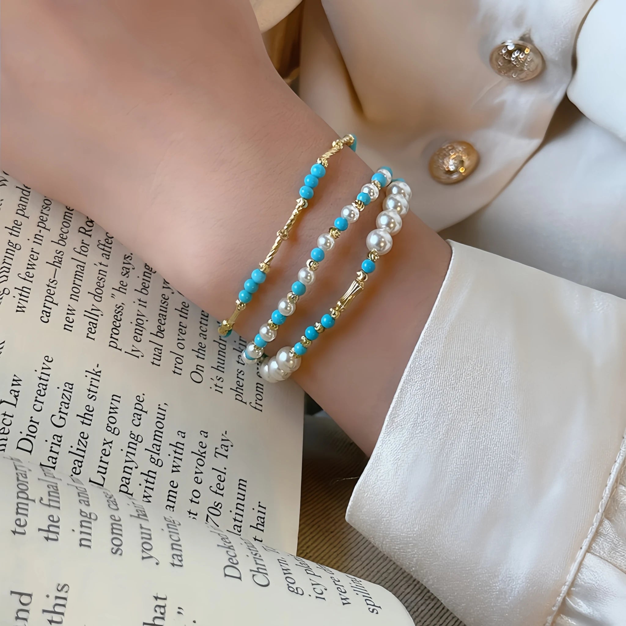 Natural Turquoise & Pearl Stackable Bracelet - Ease Stress & Vintage Elegant Vibe