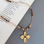 Natural Tiger Eye Stone Necklace, Lucky Four-Leaf Clover Long Sweater