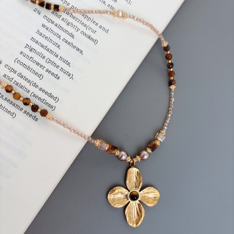 Natural Tiger Eye Stone Necklace, Lucky Four-Leaf Clover Long Sweater